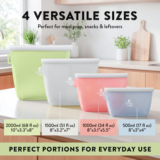 Reusable Silicone Food Storage Bags – Set of 4 Multicolor (500ml/17oz, 1000ml/34oz, 1500ml/51oz, 2000ml/68oz)